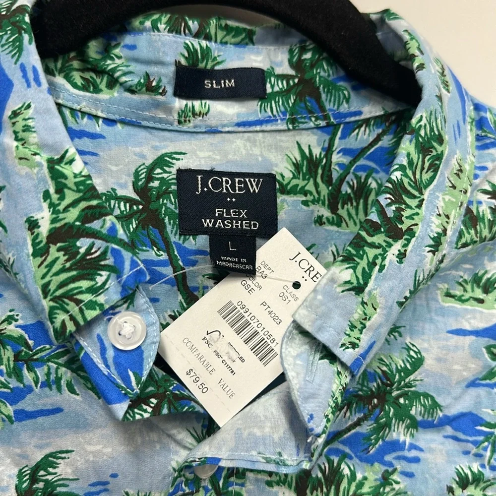 J Crew Printed short-sleeve slim flex casual shirt tropical blue L new